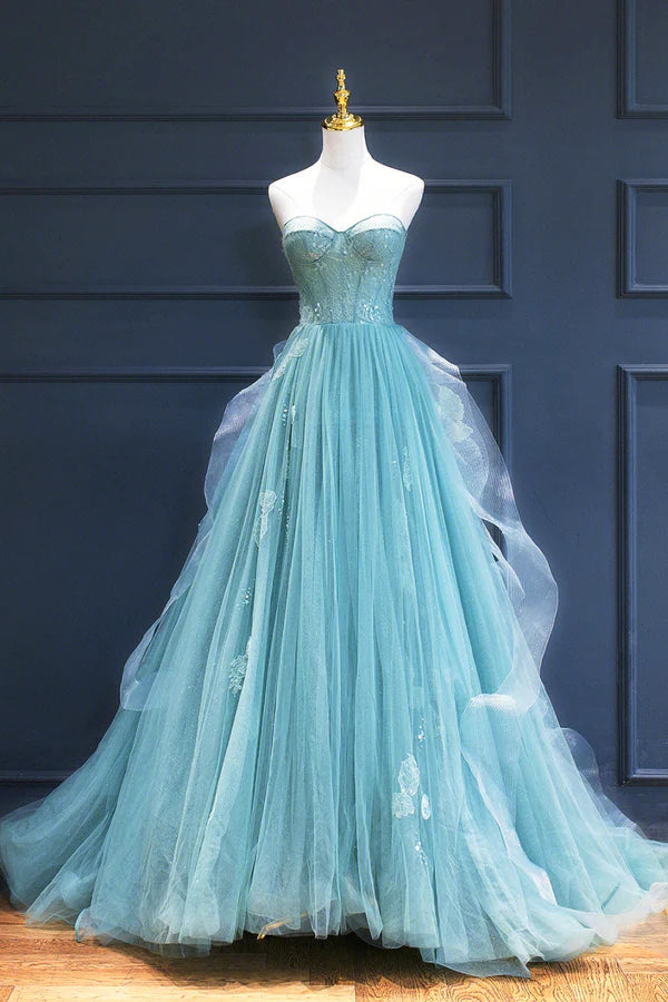 Wholesale Green Lace Tulle A-Line Long Formal Dress Green Strapless Evening Dress